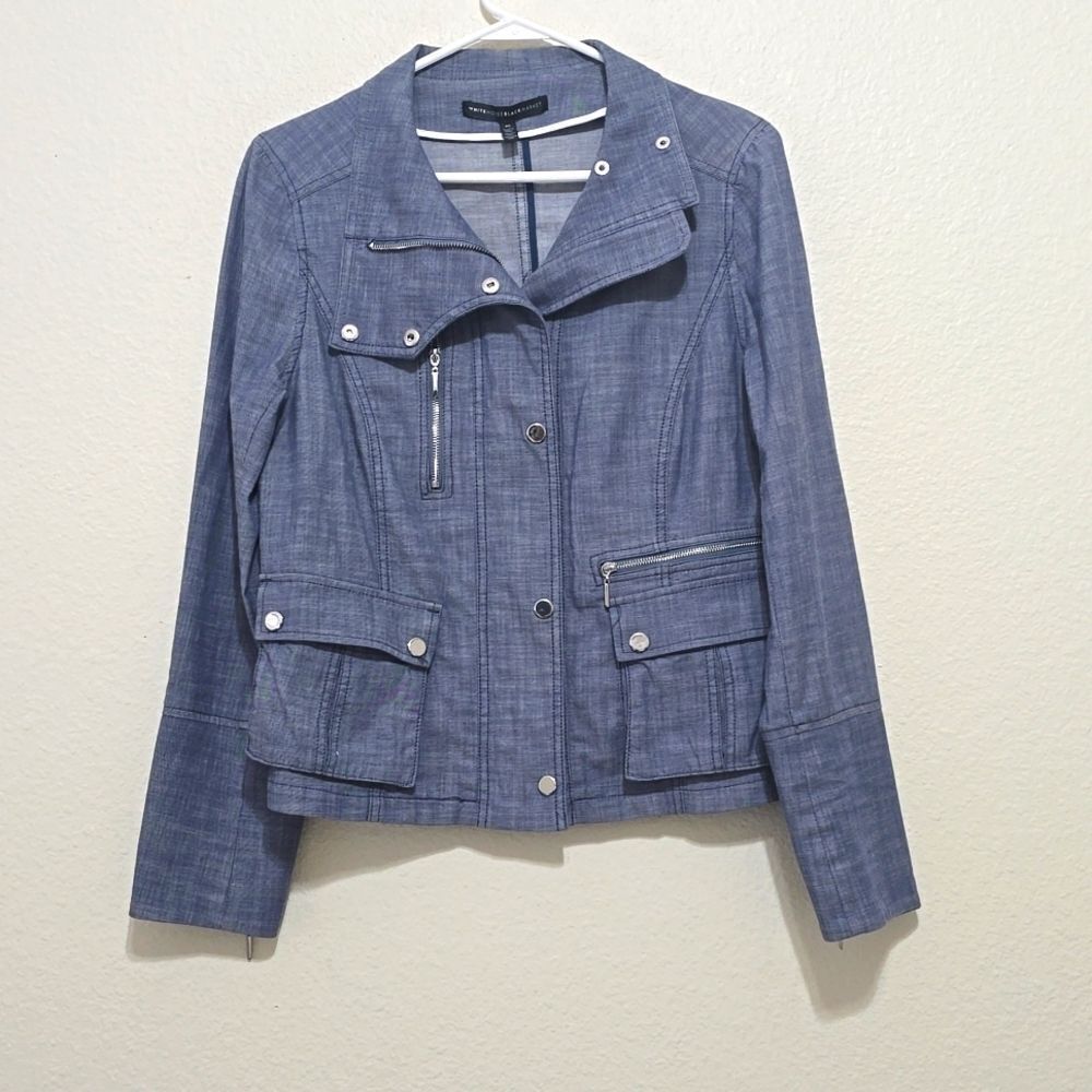 WHITE HOUSE BLACK MARKET Light Blue Lightweight Canvas Moto Jacket Size 10